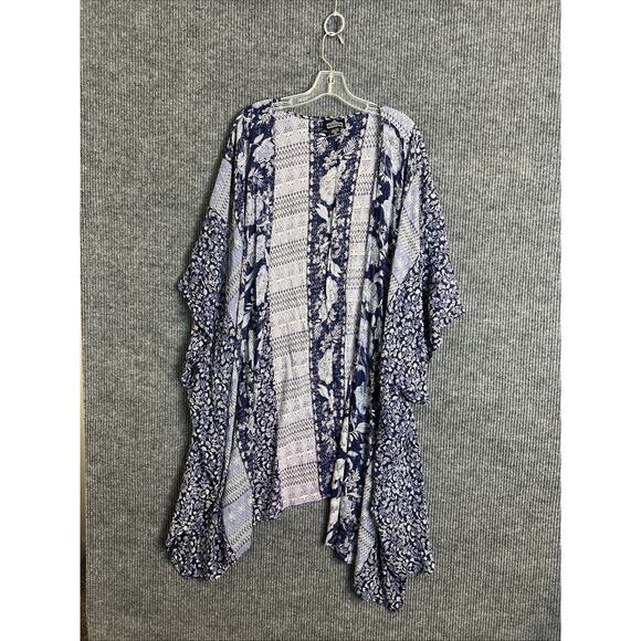 Angie Womens Long Kimono Size 3X Blue Floral Boho Short Sleeve Rayon Open Front - Picture 1 of 9